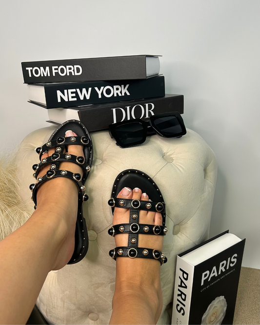 black slip on sandals, black strappy sandals, summer slides