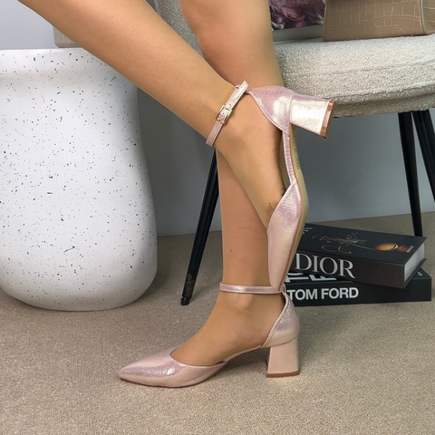 Evie Mid Block Heel Pointed Toe Ankle Strap Bridal Court Shoes in Blush Gold Shimmer