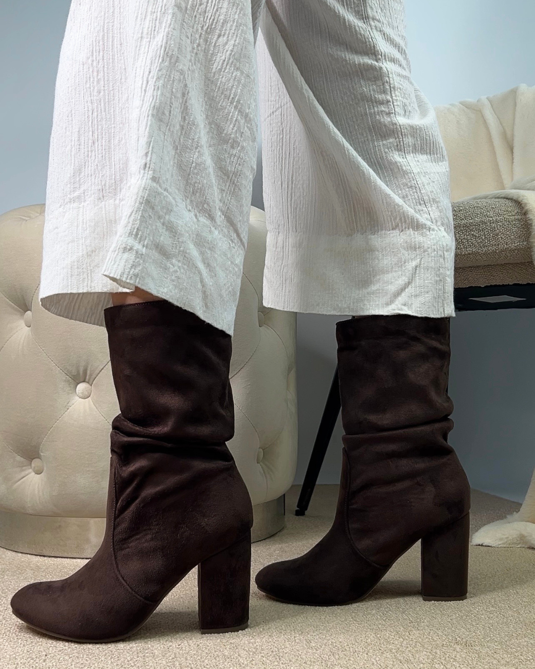 brown ruched boots, brown block heeled ruched ankle