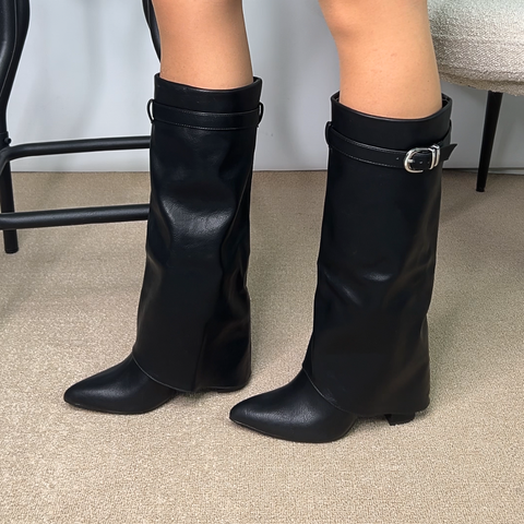black knee high boots, black heeled boots, heeled boots, faux leather boots