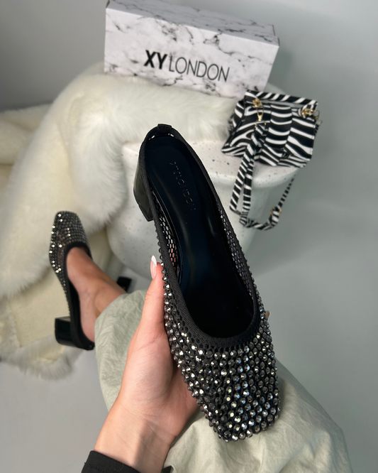 special occasion heels, wedding guest heels, diamante court shoes, rhinestone mesh heels, black block heel court shoes