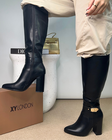 black knee high block heel boots, black zip up knee high boots