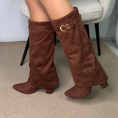 brown suede boots, going out boots, women's suede boots, women's brown boots, suede fold over boots, fold over suede boots