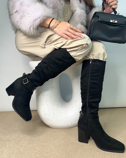 suede heeled boots, suede knee high boots, black faux suede boots