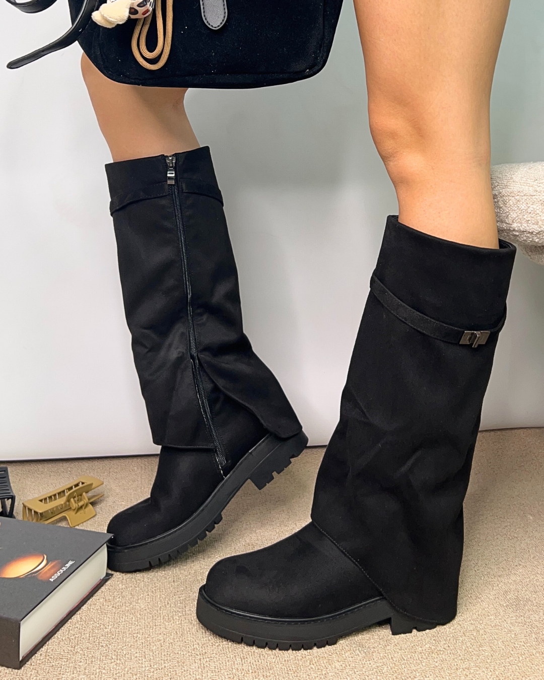 suede fold over boots, women's black biker boots, chunky fold over boots