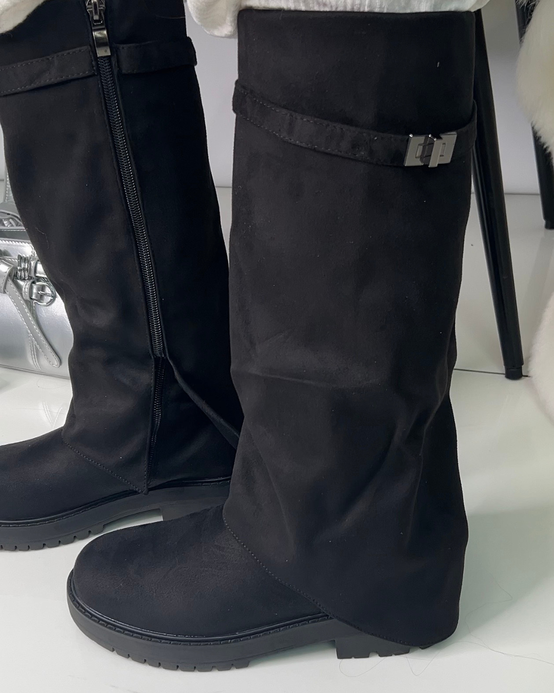 black faux suede knee high fold over boots