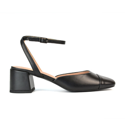 black mid heels, black court shoes, black square toe heels, black block heels
