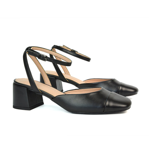 black block heel court shoes, black strappy block heels, block heel court shoes, strappy block heels