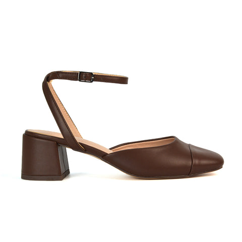 brown mid heels, brown court shoes, brown square toe heels, brown block heels