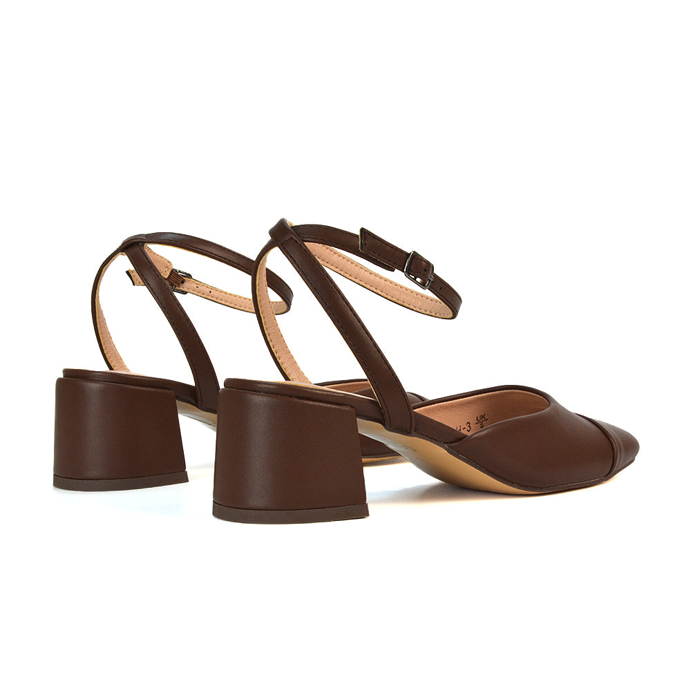 brown ankle strap court shoes, brown mid block heels, ankle strap court shoes, mid block heels