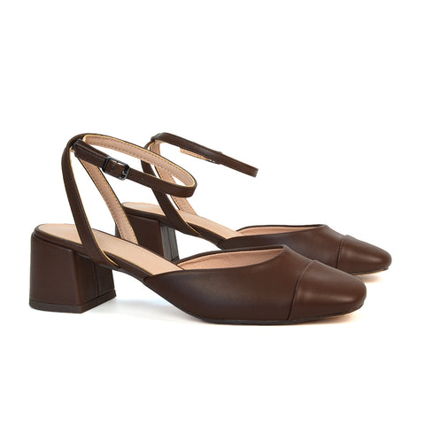 brown block heel court shoes, brown strappy block heels, block heel court shoes, strappy block heels