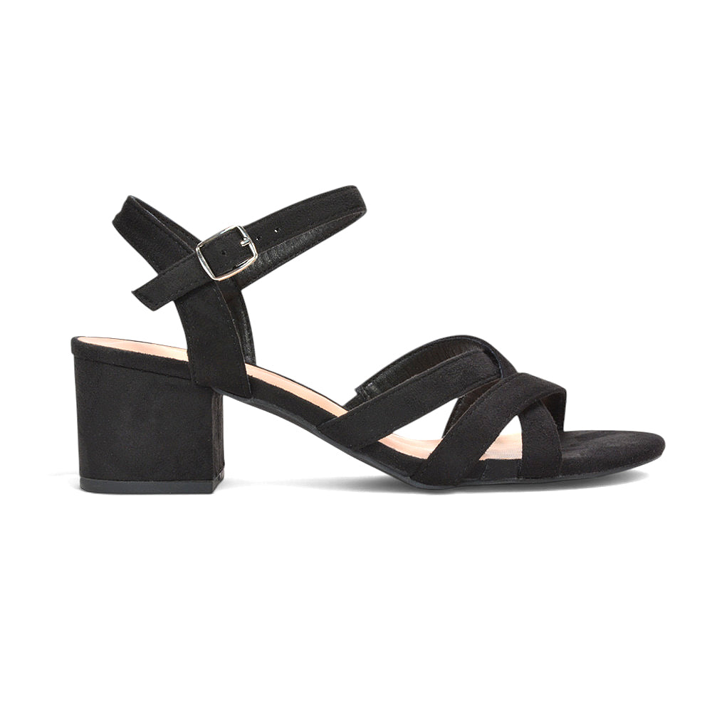 black ankle strap mid block heel sandals
