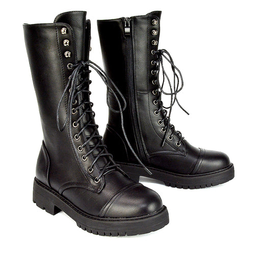 Black combat boots, Women's black mid-calf lace-up combat boots
