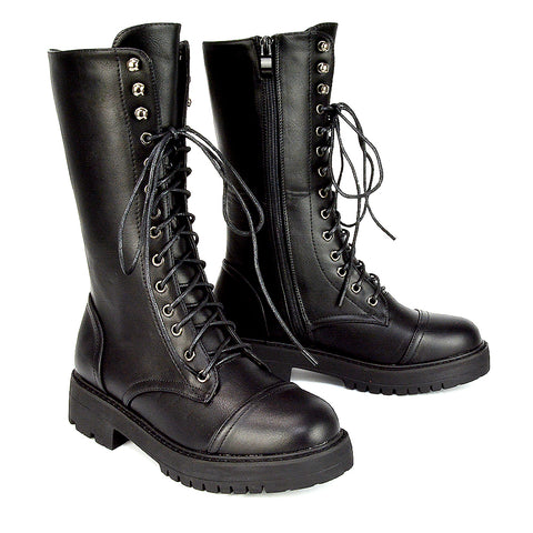 Black combat boots, Women's black mid-calf lace-up combat boots