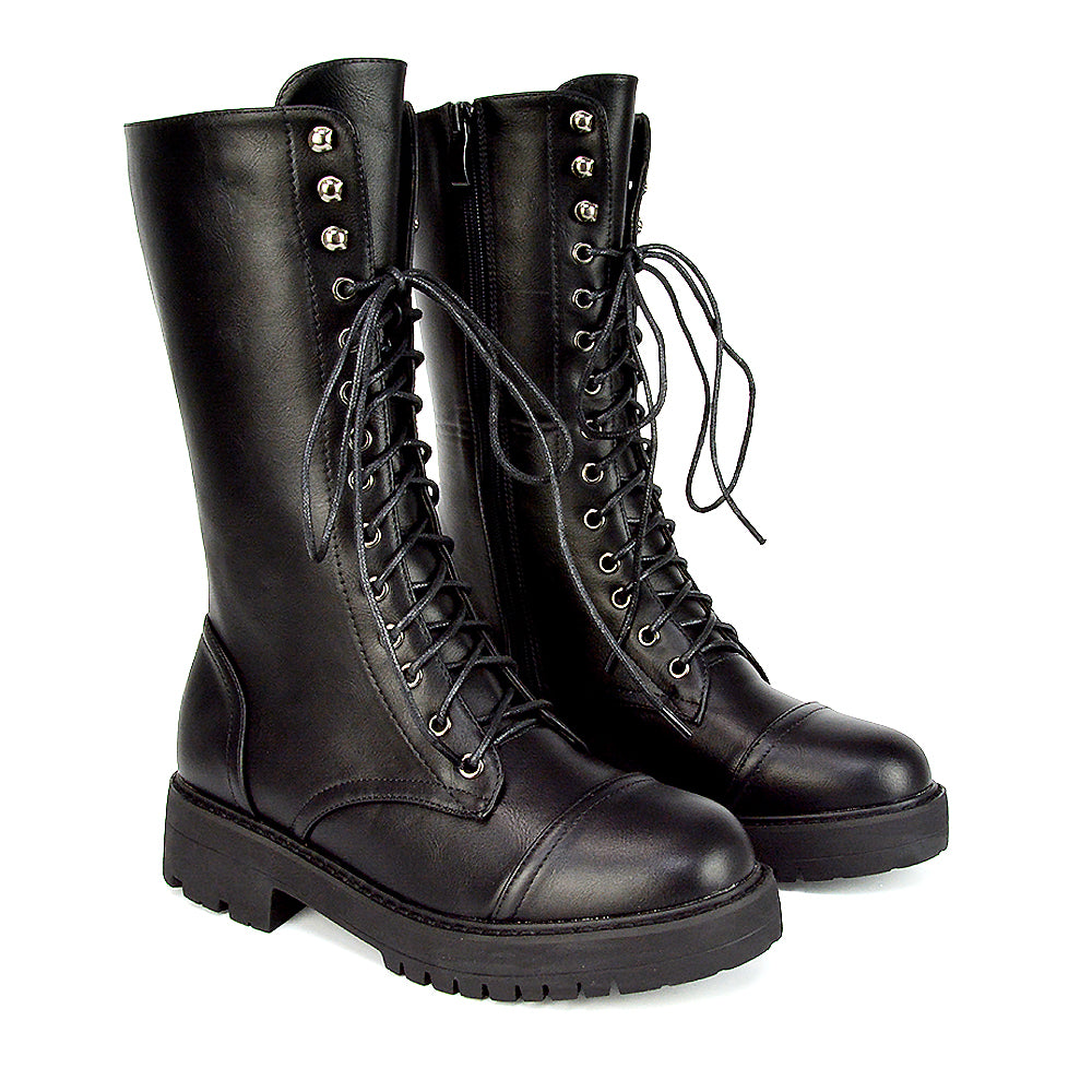 Women's black combat boots, Black leather combat boots with side zipper
