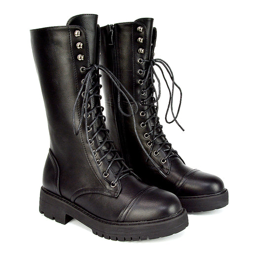 Women's black combat boots, Black leather combat boots with side zipper