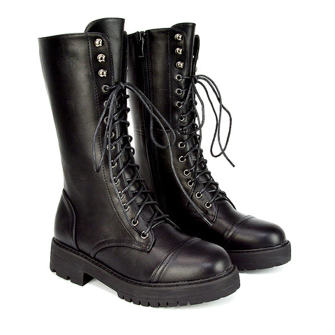 Women's black combat boots, Black leather combat boots with side zipper