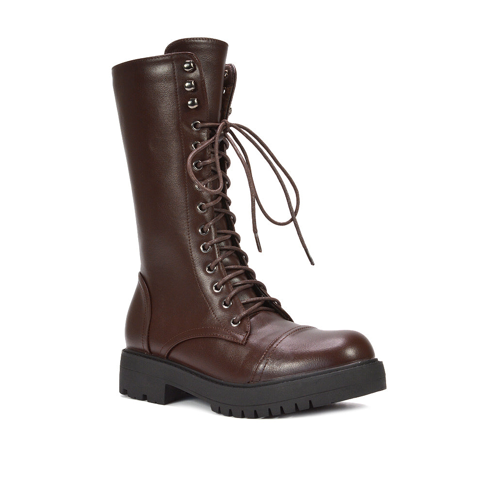 Brown lace-up biker boots, Brown heeled boots