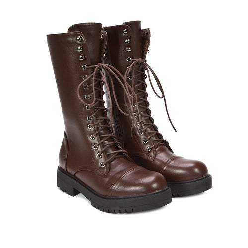 Brown lace-up boots, Women's chocolate brown mid-calf leather boots