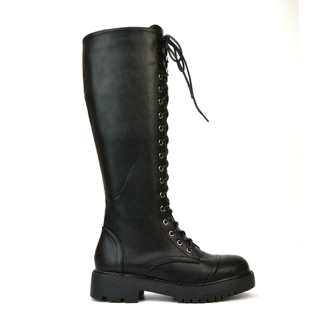 Black Synthetic Leather | XY London | black boots,black biker boots ,black lace up boots,Black Knee High Boots,Black Lace Up Biker Boots