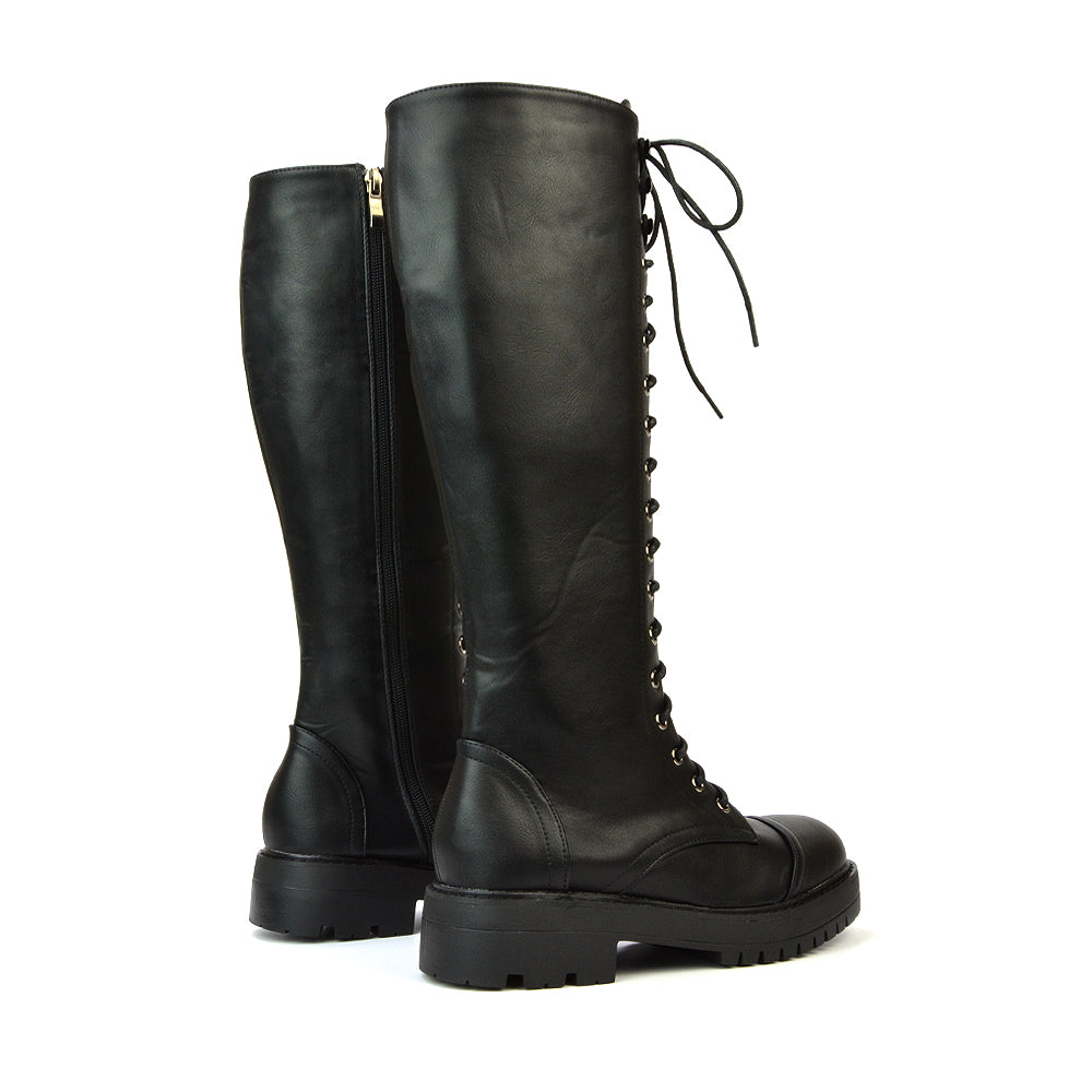 Black Synthetic Leather | XY London | black boots,black biker boots ,black lace up boots,Black Knee High Boots,Black Lace Up Biker Boots