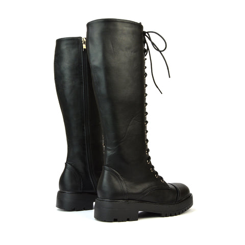Black Synthetic Leather | XY London | black boots,black biker boots ,black lace up boots,Black Knee High Boots,Black Lace Up Biker Boots