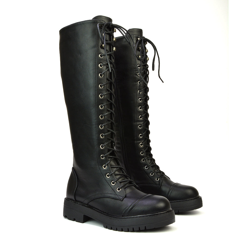 Black Synthetic Leather | XY London | black boots,black biker boots ,black lace up boots,Black Knee High Boots,Black Lace Up Biker Boots