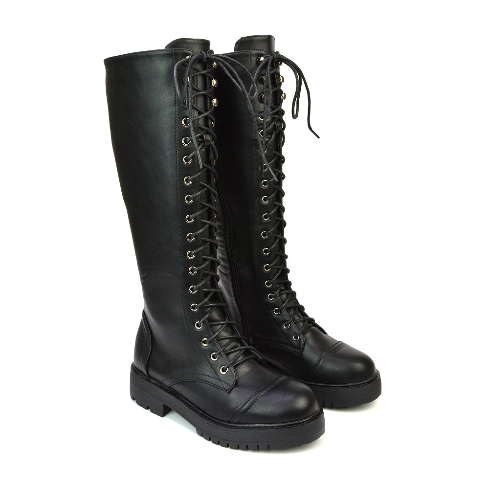 Black Synthetic Leather | XY London | black boots,black biker boots ,black lace up boots,Black Knee High Boots,Black Lace Up Biker Boots