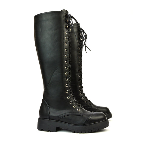 Black Synthetic Leather | XY London | black boots,black biker boots ,black lace up boots,Black Knee High Boots,Black Lace Up Biker Boots