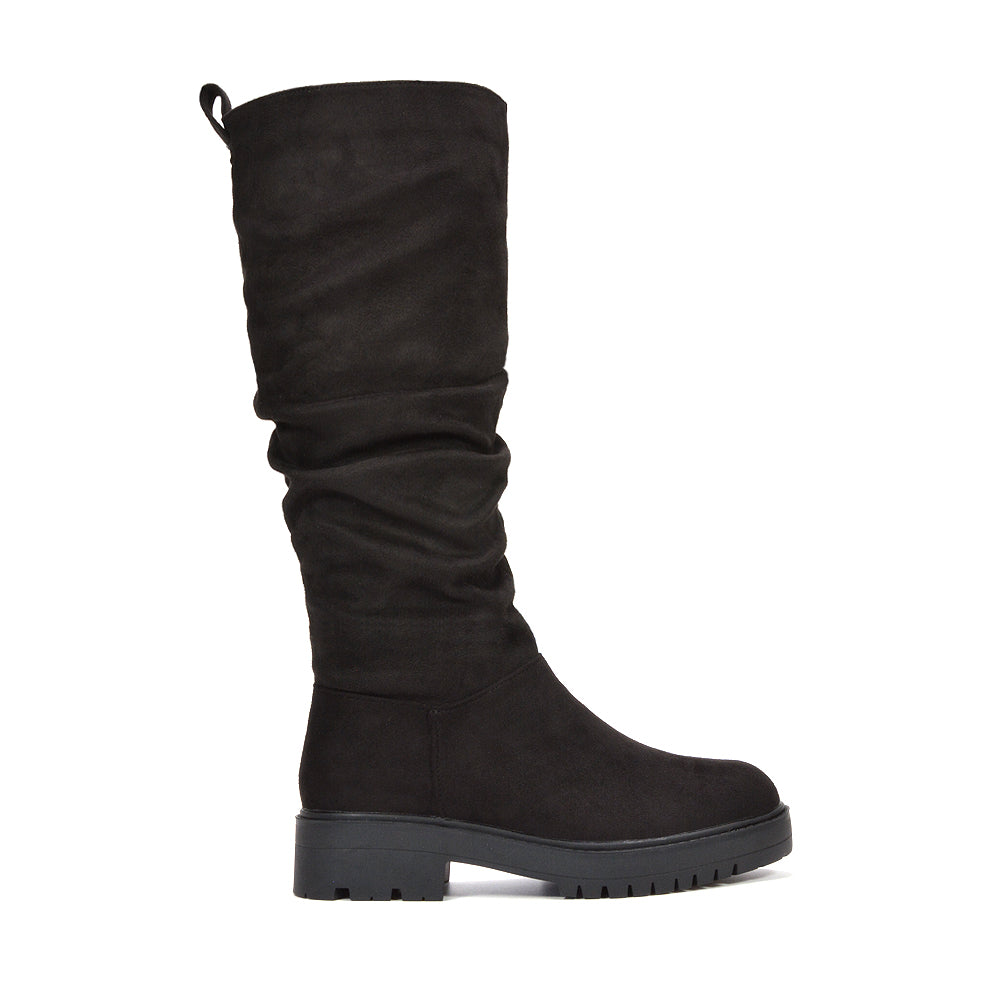 black faux suede knee high boots