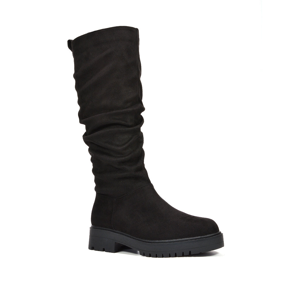 black faux suede ruched knee high boots