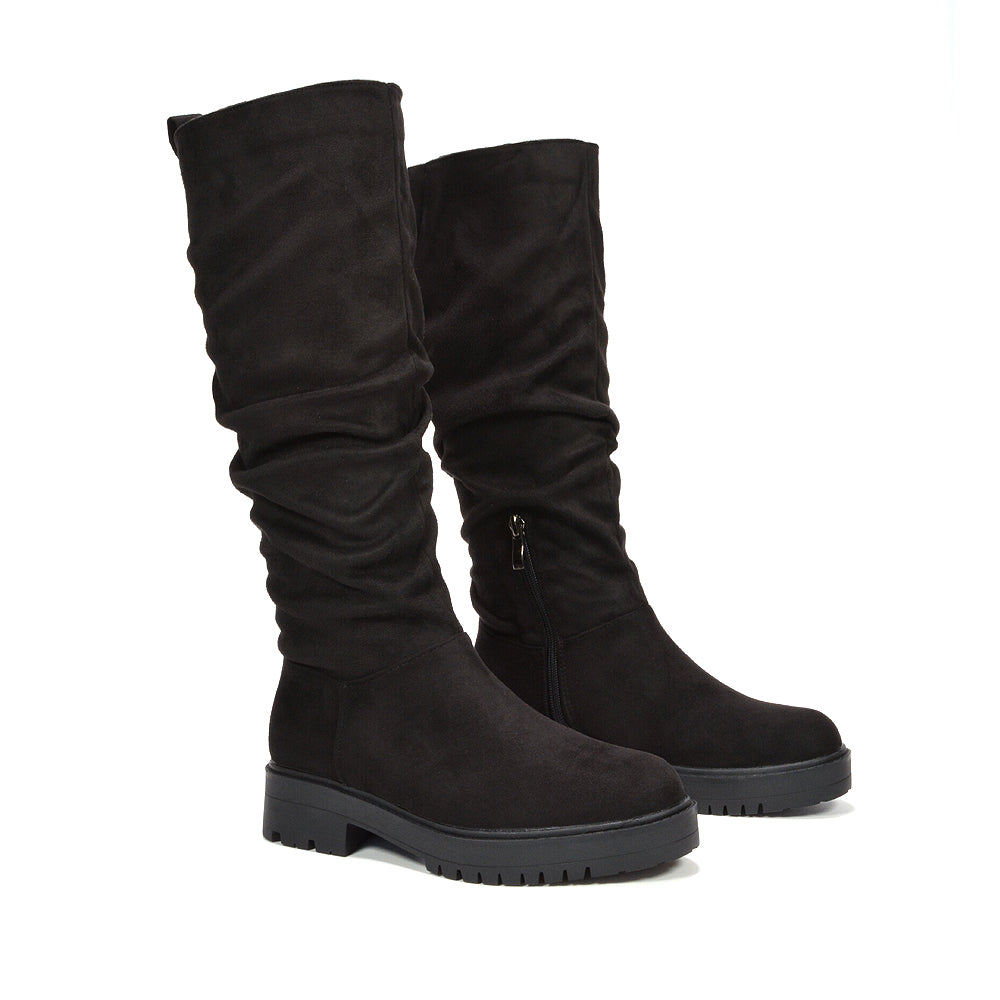 black faux suede flat boots for women