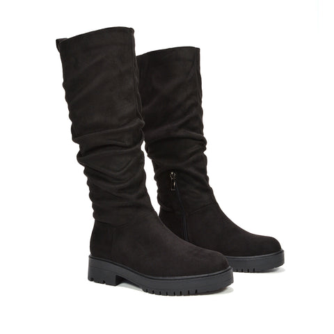 black faux suede flat boots for women