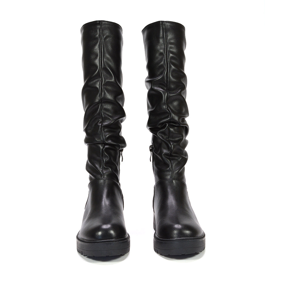 black leather flat knee high boots