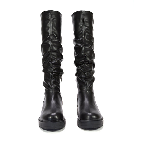black leather flat knee high boots