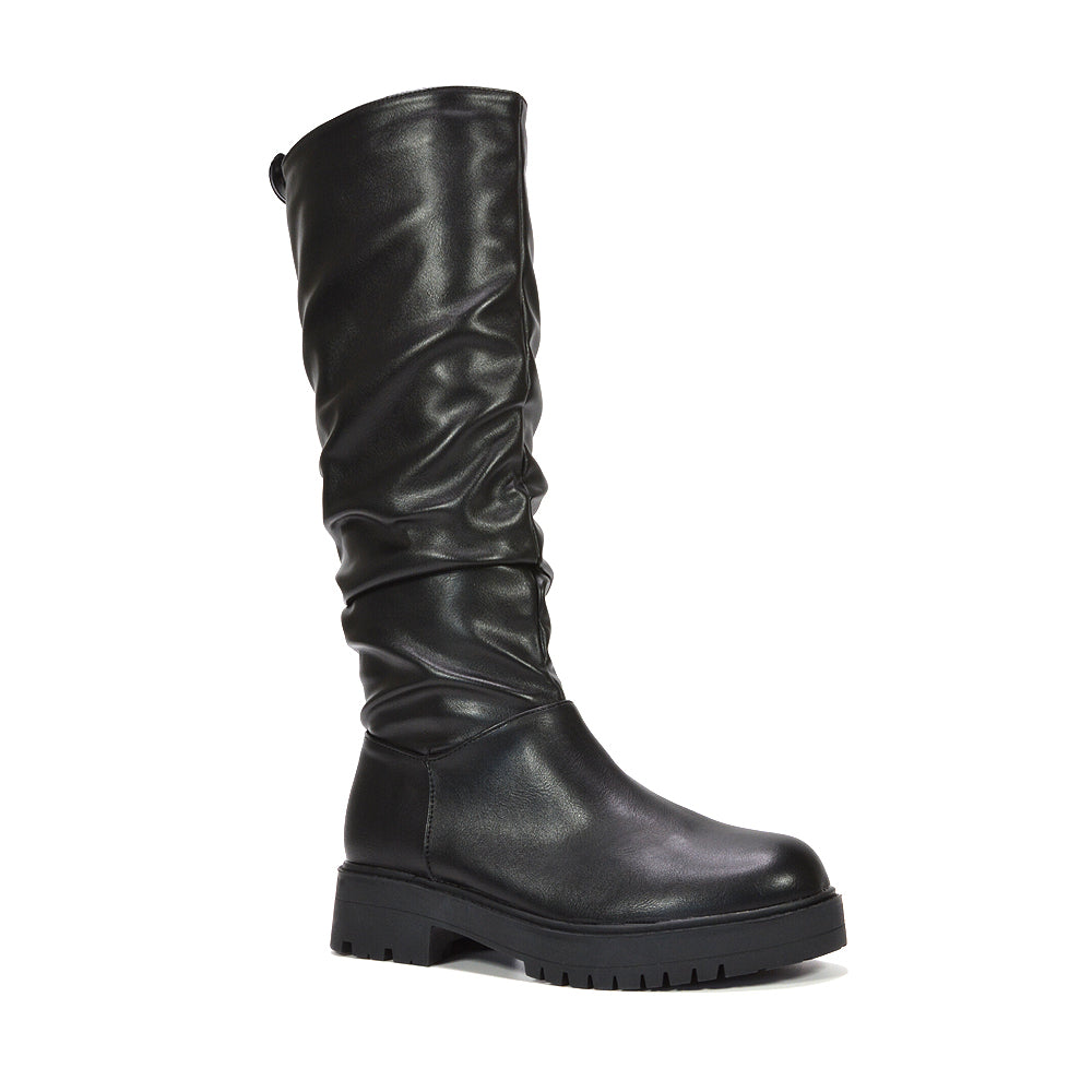black leather slouchy knee high boots

