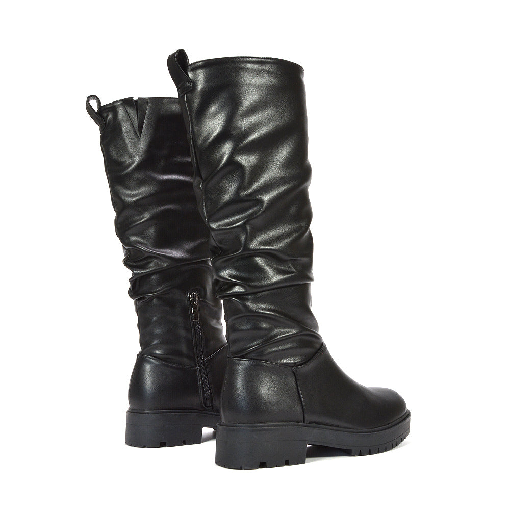 black leather ruched knee high boots