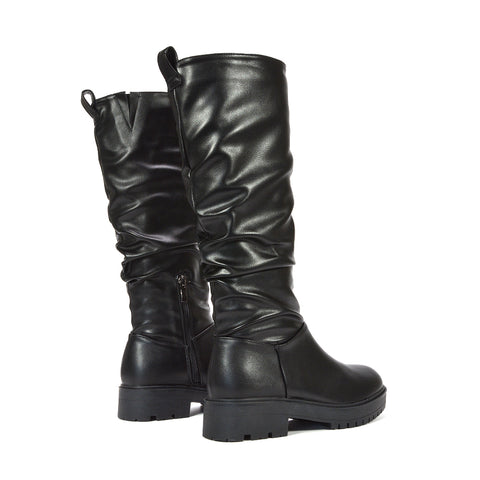 black leather ruched knee high boots