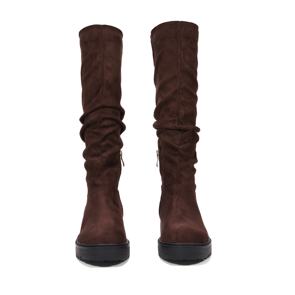 brown flat knee high boots