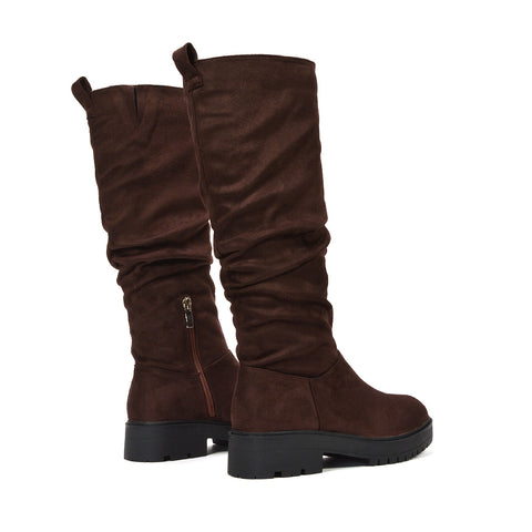 brown ruched knee high boots

