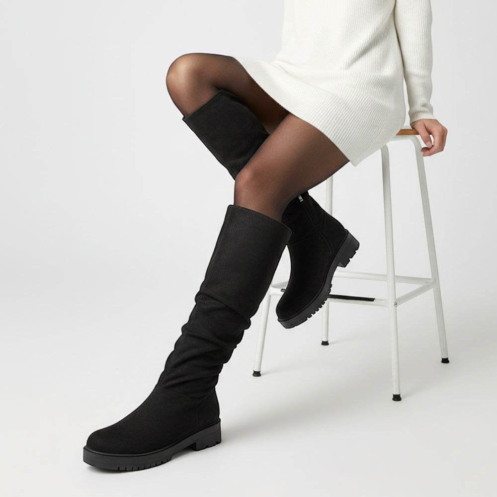 black faux suede flat knee high boots