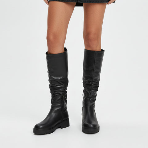 black leather flat boots for women
