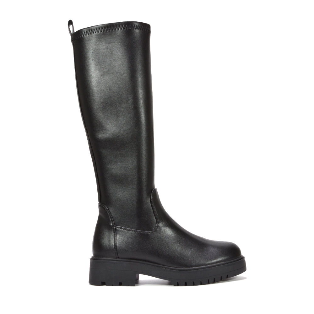 black flat chunky sole biker boots for women