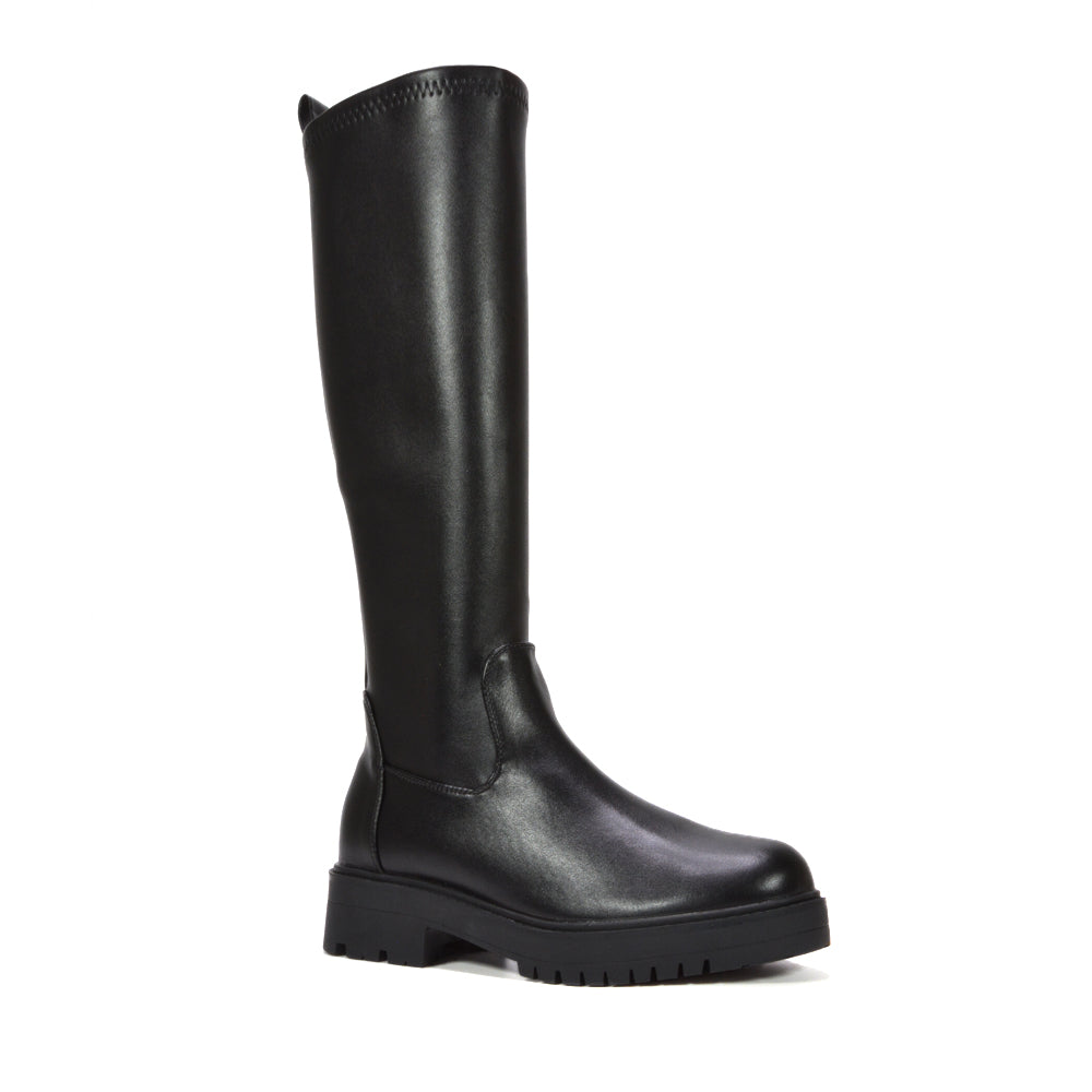 women’s black chunky knee high boots