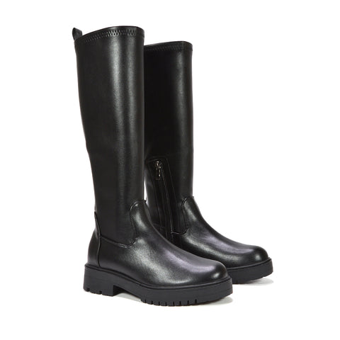 black chunky knee high biker boots for women