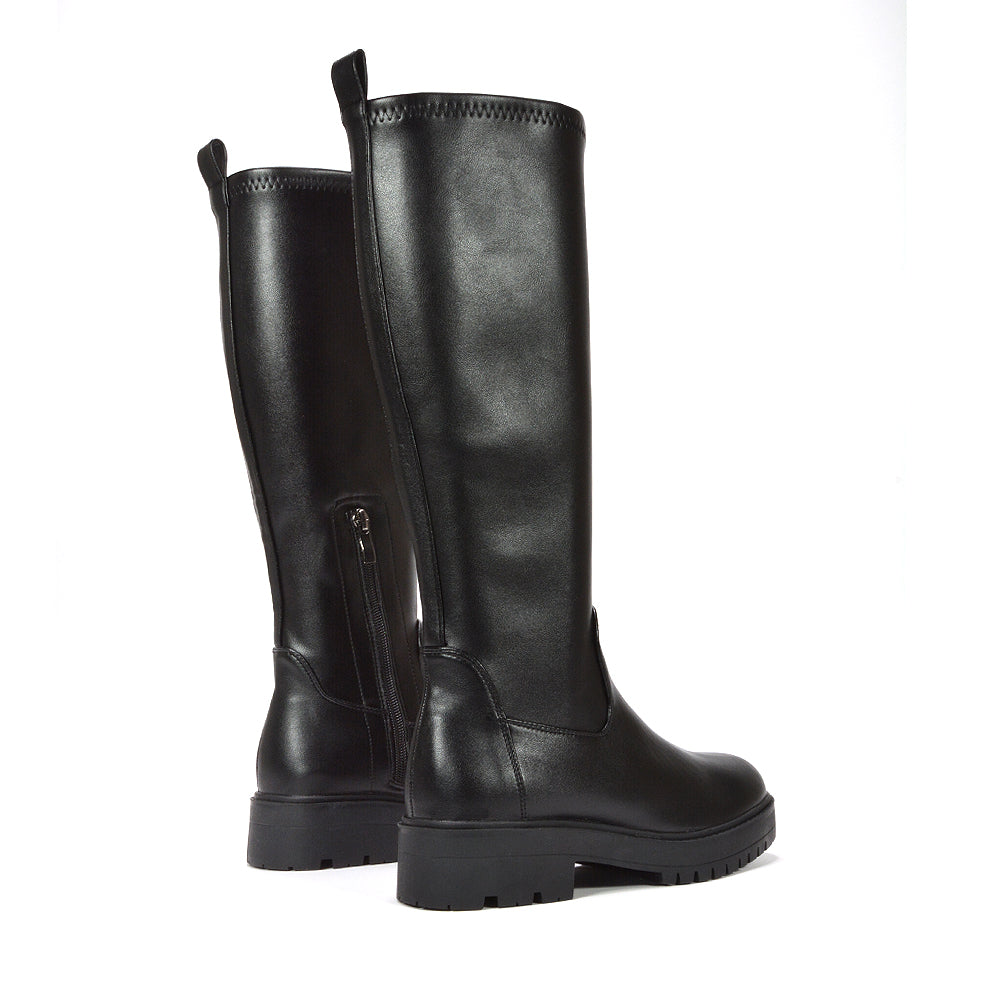 black stretch calf knee high biker boots