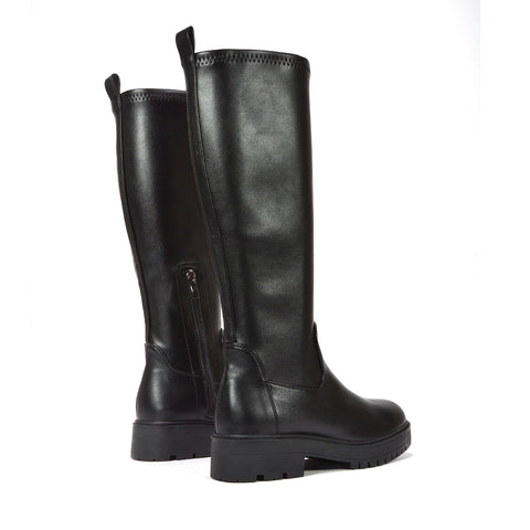 black stretch calf knee high biker boots