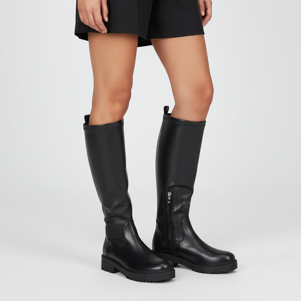 black faux leather knee high boots
