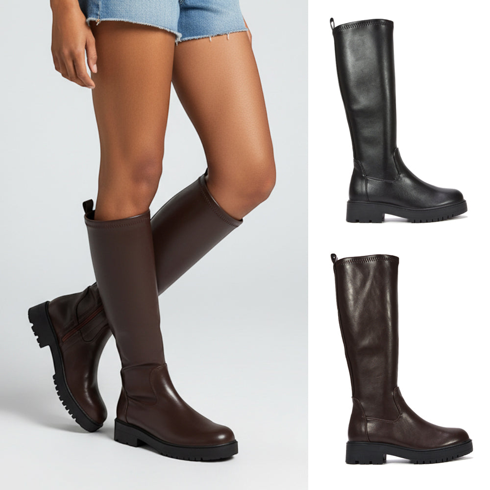 brown and black knee high boots