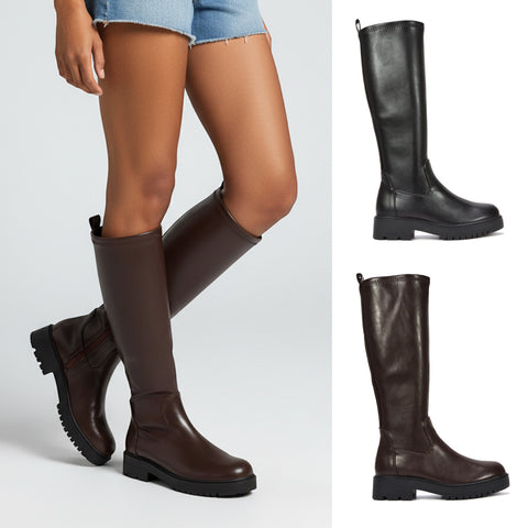 brown and black knee high boots